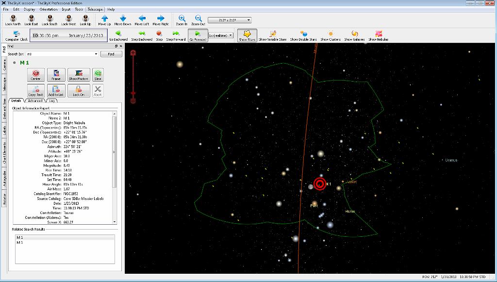 06a TheSkyX screen dump.png - TheSkyX is used to slew the scope to a target and keep it aimed there. The green line shows my local horizon.  There's a tall tree near M1, for example.  I can use the information panel on the left to tell when my target will transit and a meridian flip will be required.